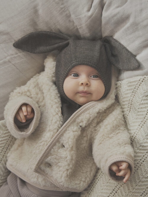 jacket wool teddy cement pixie kremowa z pomponem