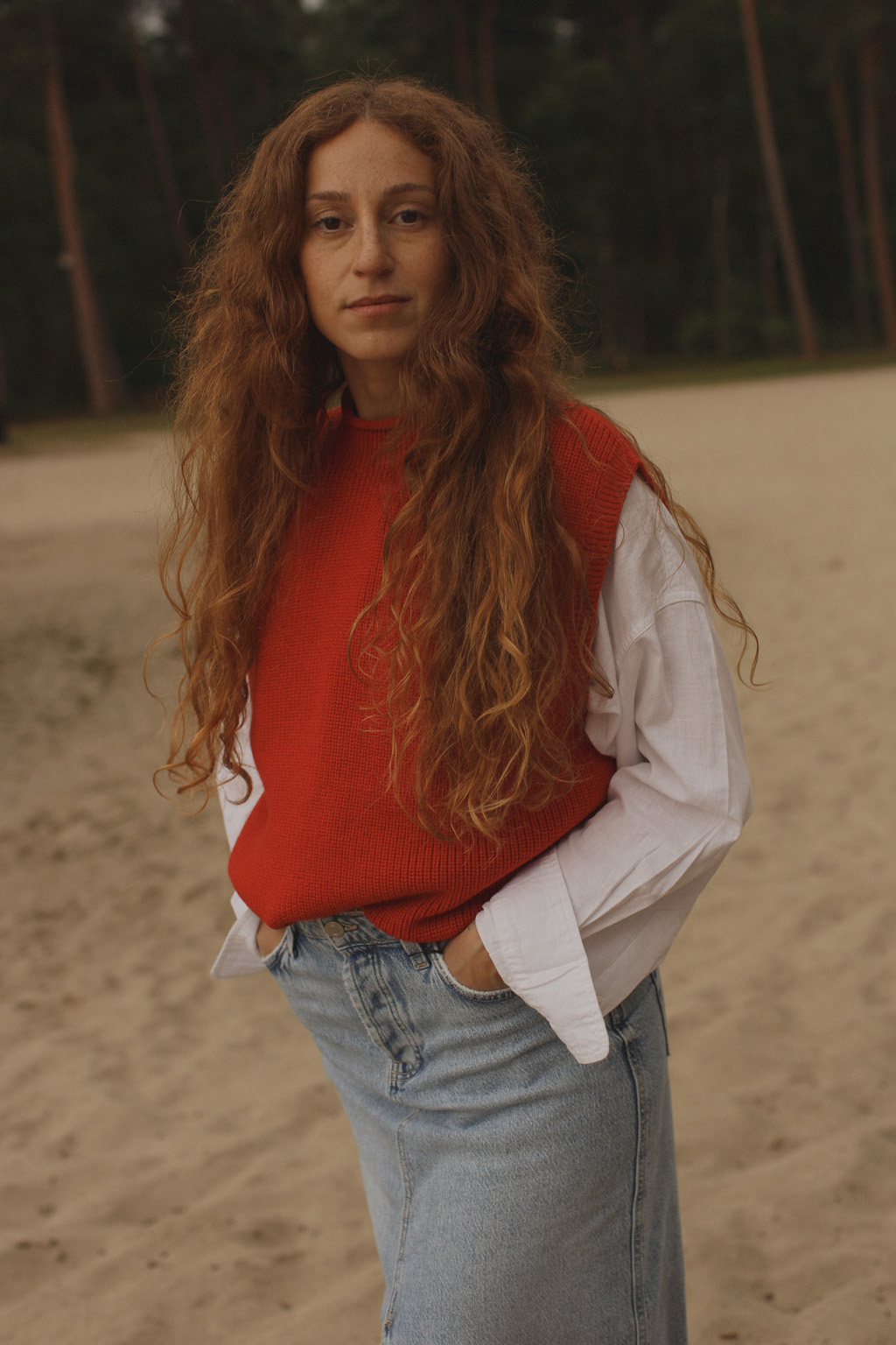 Vest Helle czerwona kamizelka merino wełniana red hvid