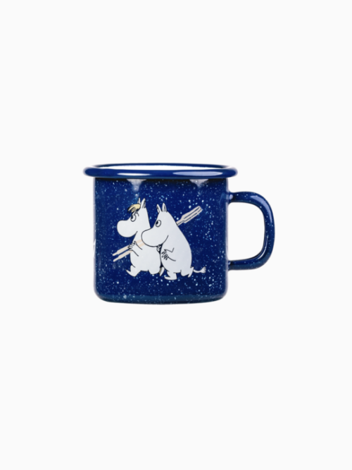 Kubek emaliowany Muurla Muminki 250 ml granatowy z motywem żeglarzy Muminek Migotka Hatifnaty