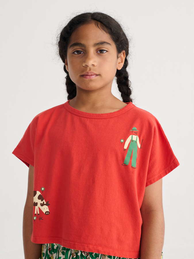 czerwona bluzka z krówką cropped t-shirt Farm Adventure Cropped bobo choses