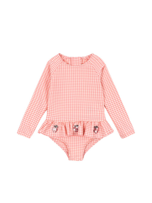 Geranium Pink strój kąpielowy dziewczynka różowy truskaweczki w kratkę